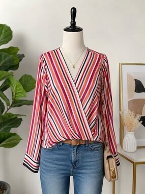 NWT DKNY Striped Faux Wrap Blouse Medium Pink Orange Long Sleeve Top